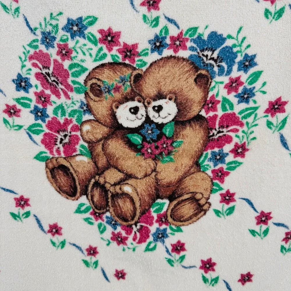 Vintage Franco Teddy Bear Floral Bath Towel Fringe Cream Made in USA Cottagecore